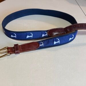 Navy Canvas Belt with Brown Leather Trim featuring Cape Cod. Size 40